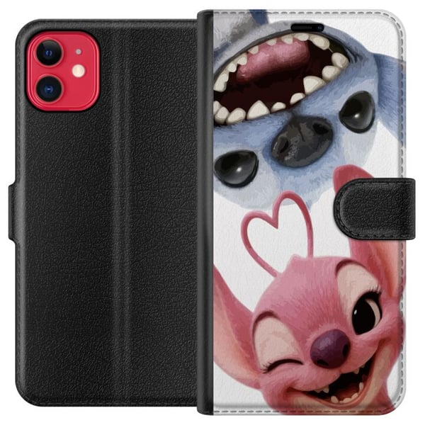 Kompatibel Tegnebogsetui til Apple iPhone 11 Legesyge Stitch og Angel i nærbillede med store grin og hjerteformede detaljer, der skaber en charmerend