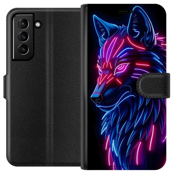 Kompatibel Tegnebogsetui til Samsung Galaxy S21+ 5G Neonbelyst ulv i blåt og pink lys med futuristisk cyberpunkstemning