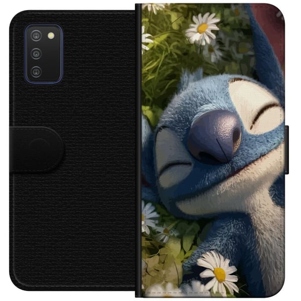Kompatibelt Lommeboketui til Samsung Galaxy A03s Stitch som sovner på en eng med prestekrager, der det myke lyset og naturens ro skaper en varm og av