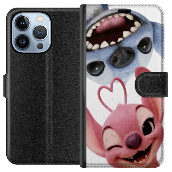 Kompatibelt Plånboksfodral till Apple iPhone 13 Pro Lekfulla Stitch och Angel i närbild med stora skratt och hjärtformade detaljer som skapar charmig