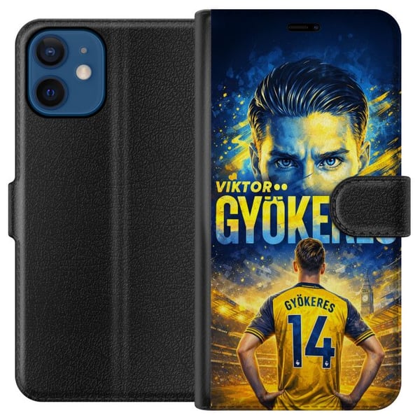 Kompatibel Tegnebogsetui til Apple iPhone 12 mini Fodboldplakat af Viktor Gyökeres i gul-blå farveskala med dramatisk stadionbaggrund, sportsillustra