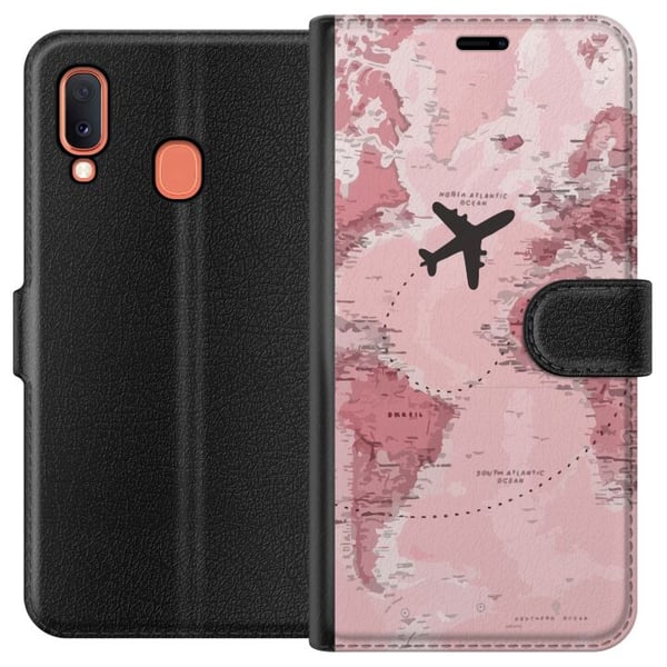 Kompatibelt Plånboksfodral till Samsung Galaxy A20e Travel airplane pink world map – resa och äventyr design med flygplan över rosa världskarta