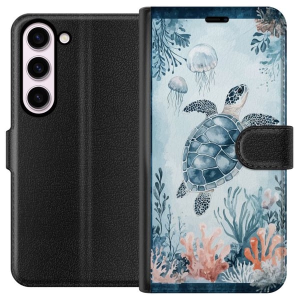 Kompatibel Tegnebogsetui til Samsung Galaxy S23 Akvarellskildpadde i et roligt blåt hav blandt koraller og svævende vandmænd