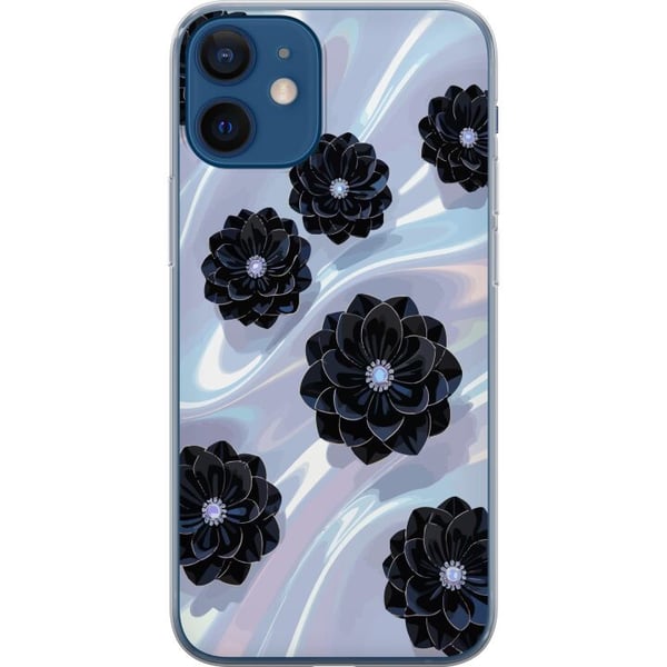 Kompatibelt Mobildeksel til Apple iPhone 12 Midnattblomstring svarte blomster på skimrende bakgrunn, elegant luksuriøst blomsterdesign i mørke toner