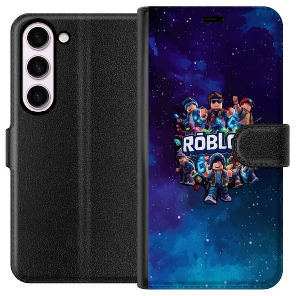 Yhteensopiva Lompakkokotelo Samsung Galaxy S23 Roblox-pelidesign avatarien kanssa, galaksitausta sinisen ja violetin sävyissä, suosittu Roblox-tyyli,