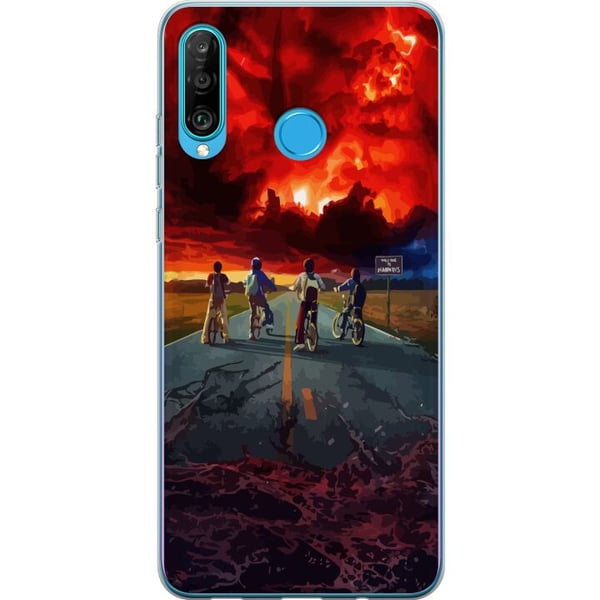 Kompatibel Mobilcover til Huawei P30 lite Sci-fi-inspireret eventyrplakat med cyklende børn – dramatisk himmel og nostalgisk 80’er-stemning