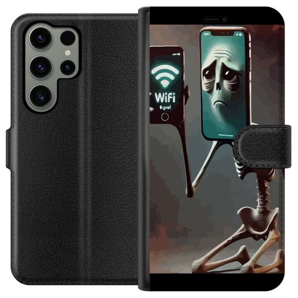 Kompatibel Tegnebogsetui til Samsung Galaxy S23 Ultra Italiensk Brainrot-motiv – Skelet med mobil og svagt WiFi i unikt design