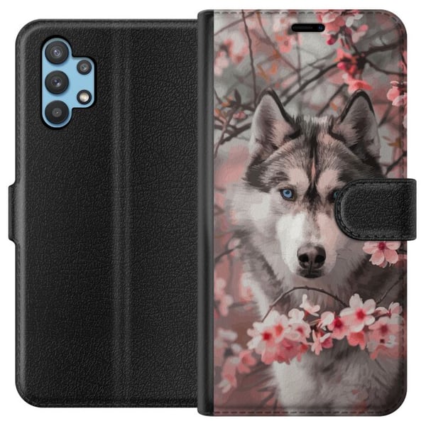 Kompatibelt Plånboksfodral till Samsung Galaxy A32 5G Husky med blå ögon bland rosa körsbärsblommor – vackert, naturinspirerat och detaljrikt motiv. Kompatibelt Plånboksfodral till Samsung Galaxy A32 5G Husky med blå ögon bland rosa körsbärsblommor – vackert, naturinspirerat och detaljrikt motiv.