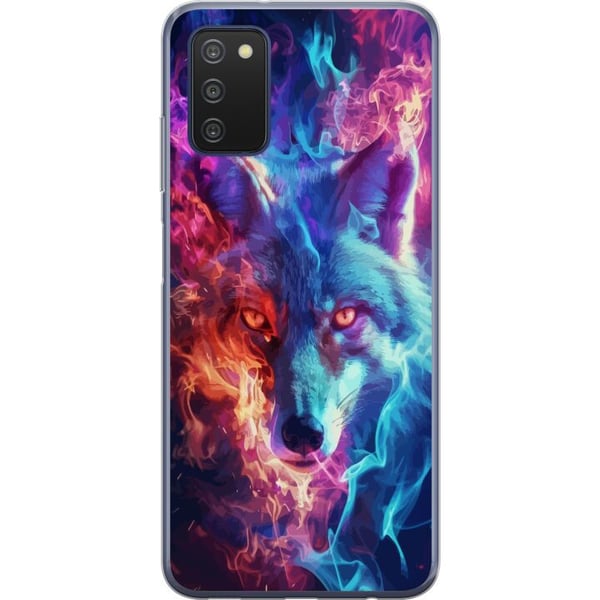 Kompatibelt Mobildeksel til Samsung Galaxy A03s Intens ulv med blå og oransje ild rundt ansiktet i kraftfull fantasyillustrasjon