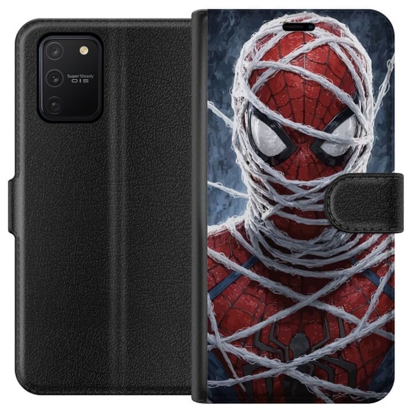 Kompatibelt Lommeboketui til Samsung Galaxy S10 Lite Spider-Man dekket av tette lag med nett i et dramatisk nærbilde som fremhever maskens struktur, Kompatibelt Lommeboketui til Samsung Galaxy S10 Lite Spider-Man dekket av tette lag med nett i et dramatisk nærbilde som fremhever maskens struktur,