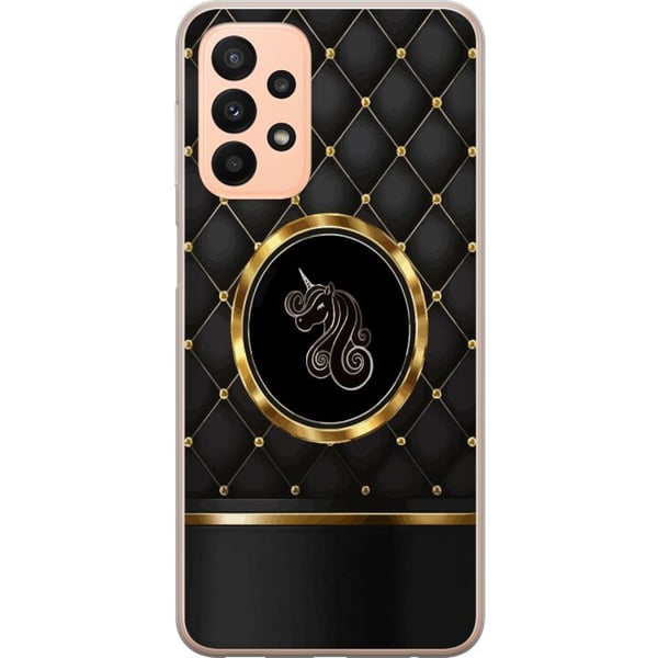 Yhteensopiva Puhelinkuori Samsung Galaxy A23 Tunnus, jossa on yksisarvinen mustan ja kullan kontrastissa