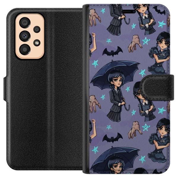 Yhteensopiva Lompakkokotelo Samsung Galaxy A33 5G Wednesday Addams sarjakuvajuliste goottilainen Netflix-sarja lepakot käsi Thing violetti tausta söp