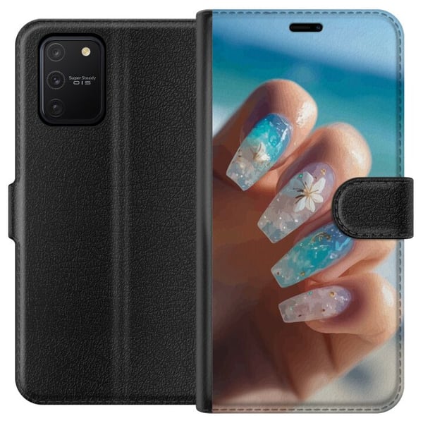 Kompatibelt Lommeboketui til Samsung Galaxy S10 Lite Negledesignillustrasjon – Blå glitter med blomst, havsinspirert motiv Kompatibelt Lommeboketui til Samsung Galaxy S10 Lite Negledesignillustrasjon – Blå glitter med blomst, havsinspirert motiv