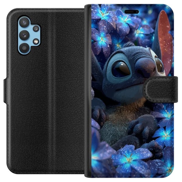 Kompatibelt Plånboksfodral till Samsung Galaxy A32 5G Stitch Among Blue Blossoms Drömlik blå design med Stitch bland blommor i nattljus och mjuk käns