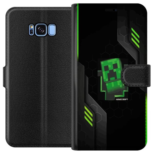 Kompatibelt Plånboksfodral till Samsung Galaxy S8 Grön pixelbaserad creeperliknande spelillustration i futurisk neonstil för gamingrum Kompatibelt Plånboksfodral till Samsung Galaxy S8 Grön pixelbaserad creeperliknande spelillustration i futurisk neonstil för gamingrum
