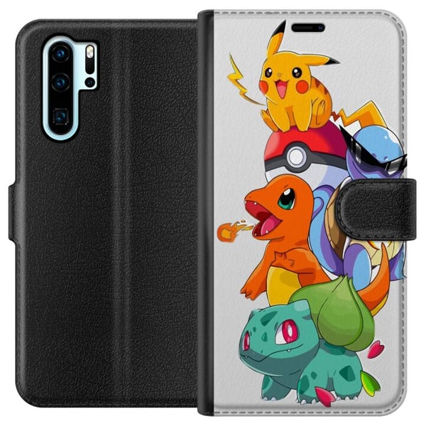 Yhteensopiva Lompakkokotelo Huawei P30 Pro Pokémon Pikachu Charmander Squirtle Bulbasaur – värikäs Pokémon-pinokuvitus, jossa on neljä suosittua hahm