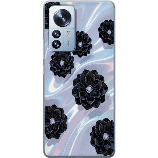 Yhteensopiva Puhelinkuori Xiaomi 12 Pro Keskiyön kukinta mustia kukkia hohtavalla taustalla, elegantti ylellinen kukkakuviointi tummissa sävyissä