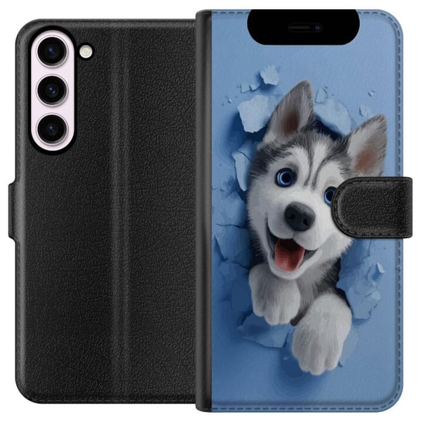 Kompatibelt Lommeboketui til Samsung Galaxy S23+ Søt huskyvalp med store blå øyne titter frem gjennom en ødelagt vegg i myk 3D-stil, noe som skaper e
