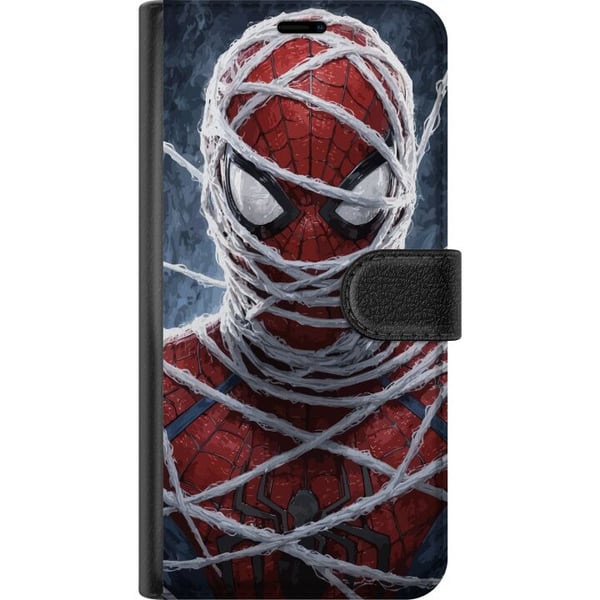 Kompatibelt Plånboksfodral till Samsung Galaxy A32 5G Spider-Man täckt av täta nätlager i dramatisk närbild som framhäver maskens struktur intensitet