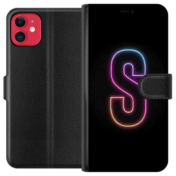 Kompatibel Tegnebogsetui til Apple iPhone 11 Neonbogstavet S i rosa og blå toner mod mørk baggrund i retrofuturistisk design Kompatibel Tegnebogsetui til Apple iPhone 11 Neonbogstavet S i rosa og blå toner mod mørk baggrund i retrofuturistisk design