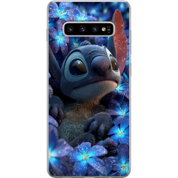 Kompatibelt Mobilskal till Samsung Galaxy S10+ Stitch Among Blue Blossoms Drömlik blå design med Stitch bland blommor i nattljus och mjuk känsla