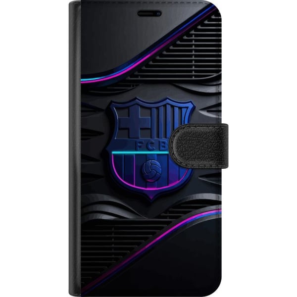 Kompatibelt Lommeboketui til Samsung Galaxy S23+ FC Barcelona-emblem i neonblått og rosa med futuristisk metallfølelse