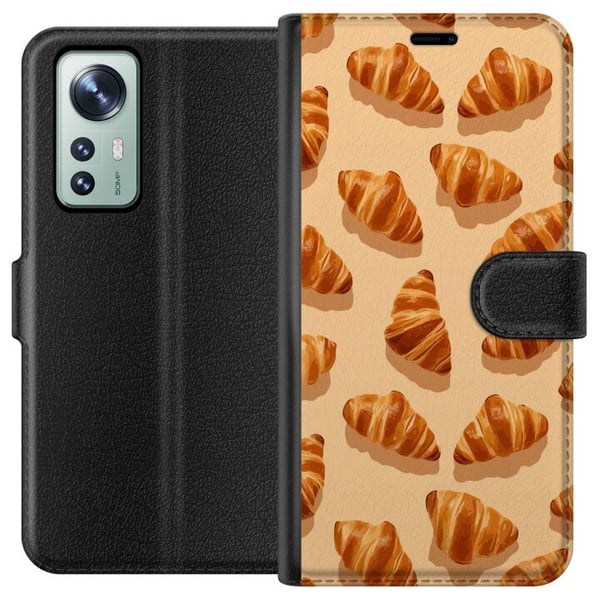 Yhteensopiva Lompakkokotelo Xiaomi 12 Croissant-kuvio, jossa on kullanruskeita ranskalaisia leivonnaisia, beige tausta, kahvilahenkinen kuvitus elega