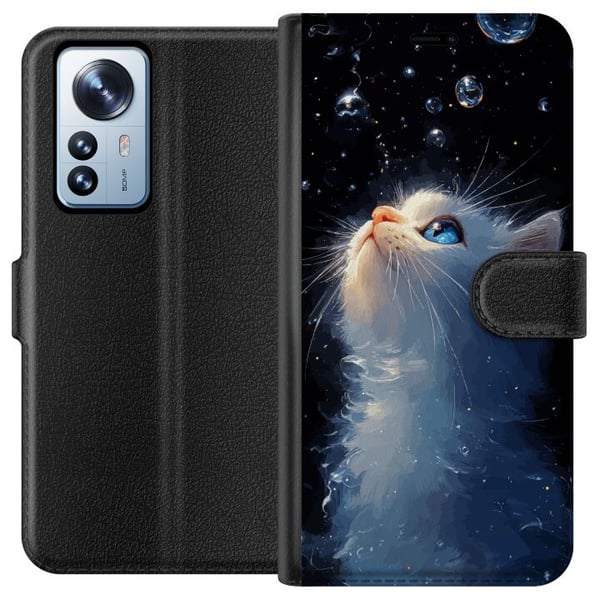 Kompatibelt Plånboksfodral till Xiaomi 12 Pro Dreamy Starry Cat med vit katt som tittar mot stjärnorna ett drömskt och magiskt motiv för kattälskare