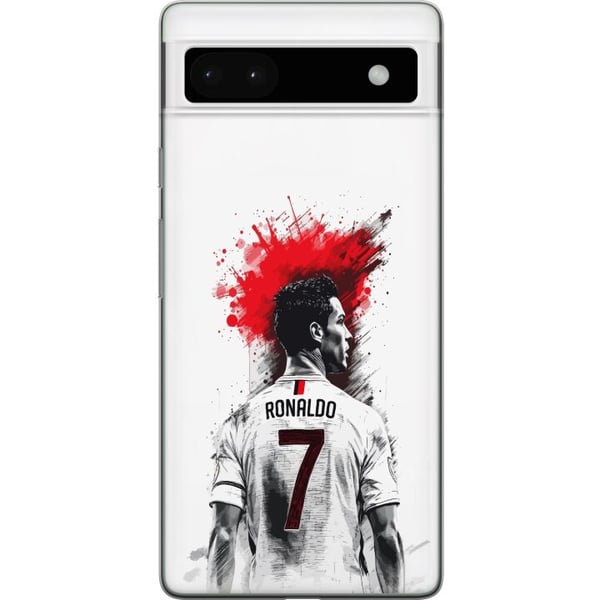 Yhteensopiva Puhelinkuori Google Pixel 6a Ronaldo Red Energy -aihe, jossa Cristiano Ronaldo on tyylitellyssä puna-valkoisessa designissa ja ilme on v