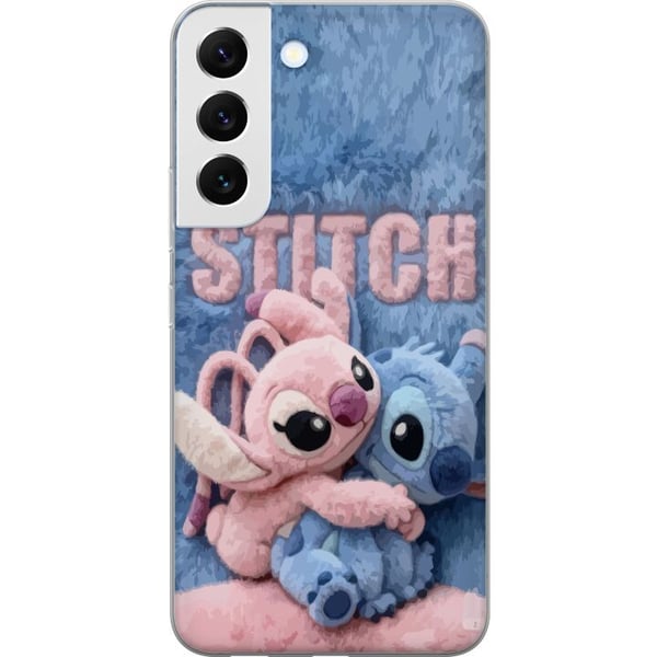 Kompatibelt Mobildeksel til Samsung Galaxy S22 5G De lodne Stitch og Angel klemmer hverandre på et mykt, pelsaktig underlag med pastellfarger som ska