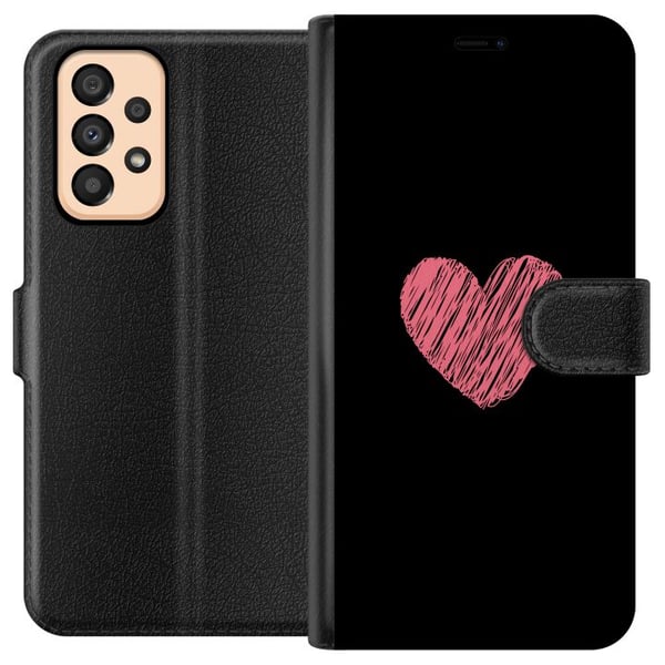 Yhteensopiva Lompakkokotelo Samsung Galaxy A33 5G Käsin piirretty vaaleanpunainen sydän mustalla minimalistisella taustalla