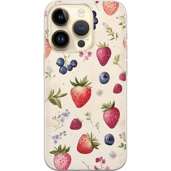 Kompatibel Mobilcover til Apple iPhone 14 Pro Sommerligt bærmønster med jordbær, blåbær og blomster i akvarel – trendy og frisk design, der passer ti