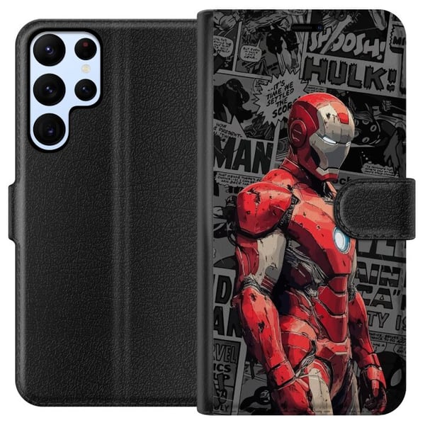 Kompatibel Tegnebogsetui til Samsung Galaxy S22 Ultra 5G Iron Man-illustration i rød rustning med tegneseriebaggrund, kraftfuldt motiv for filmfans