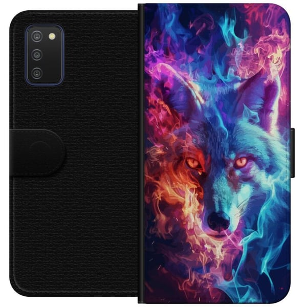 Kompatibelt Lommeboketui til Samsung Galaxy A03s Intens ulv med blå og oransje ild rundt ansiktet i kraftfull fantasyillustrasjon