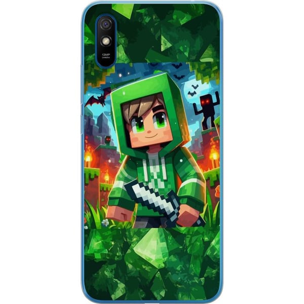 Kompatibel Mobilcover til Xiaomi Redmi 9A Minecraft-gamerdreng i grøn hættetrøje – tegnet Minecraft-dreng med sværd, pixels og eventyrtema