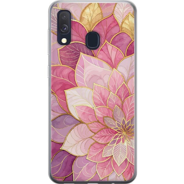Kompatibelt Mobilskal till Samsung Galaxy A40 Blommig mandala – Rosa och lila mönster med gyllene detaljer illustration Kompatibelt Mobilskal till Samsung Galaxy A40 Blommig mandala – Rosa och lila mönster med gyllene detaljer illustration
