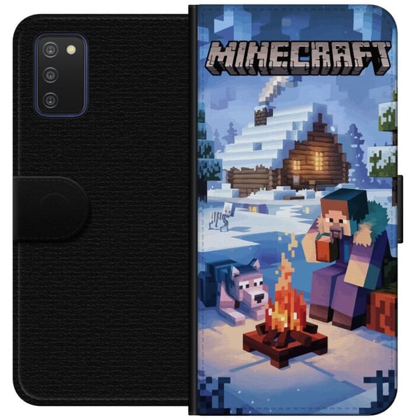 Kompatibelt Lommeboketui til Samsung Galaxy A03s Minecraft-vintermotiv med Steve, ulv, leirbål og snødekt hytte, spillillustrasjon for Minecraft-fans