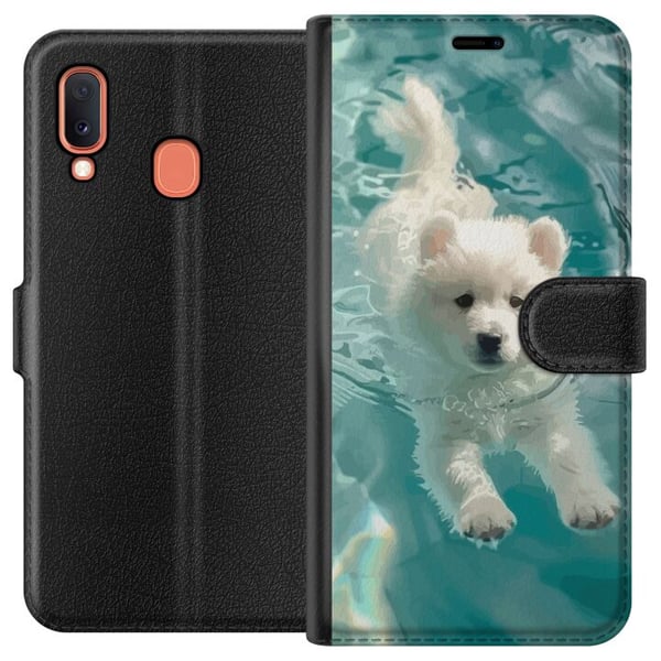 Kompatibelt Lommeboketui til Samsung Galaxy A20e Hundevalp i vann hvit valp hund svømmebasseng blå turkis sommermotiv søt kjæledyrillustrasjon design Kompatibelt Lommeboketui til Samsung Galaxy A20e Hundevalp i vann hvit valp hund svømmebasseng blå turkis sommermotiv søt kjæledyrillustrasjon design
