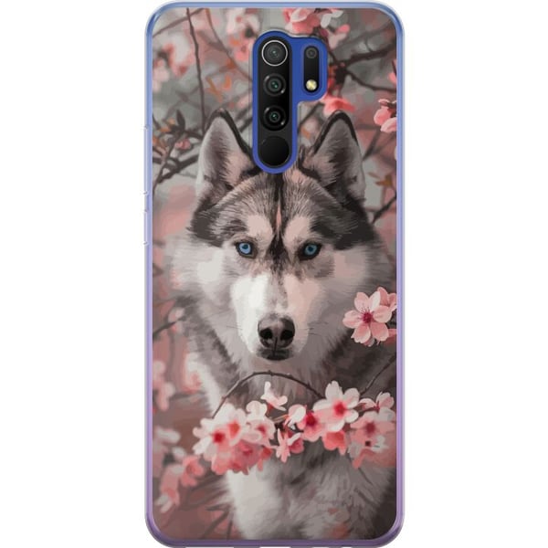 Kompatibel Mobilcover til Xiaomi Redmi 9 Siberian Husky plakat hund blå øjne kirsebærblomster hund ulv natur dyr blomster sød retro design