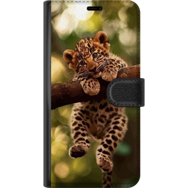 Kompatibelt Plånboksfodral till Samsung Galaxy S8 Leopardunge på gren med stora ögon naturinspirerat djungelmotiv detaljrikt och charmigt i varm mjuk