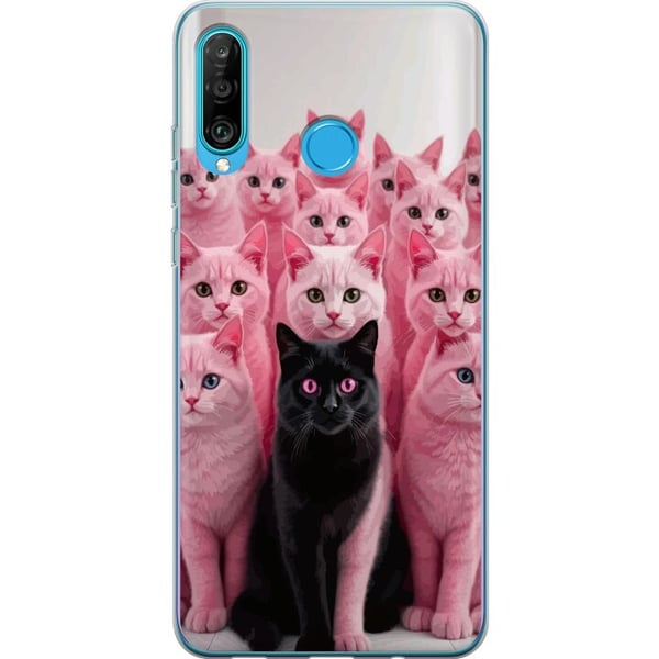 Kompatibelt Mobilskal till Huawei P30 lite Svart katt bland rosa katter rolig kontrastfylld design med lekfull charm och trendig färgkombination