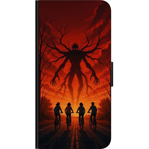 Kompatibelt Plånboksfodral till OnePlus 9 Pro Mörk Stranger Things-inspirerad skräckillustration med röd himmel, hotfullt monster och cyklande barn i