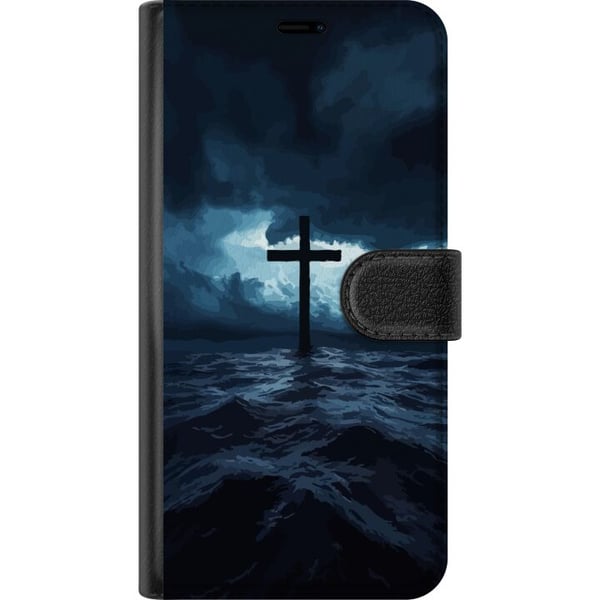 Kompatibelt Lommeboketui til Samsung Galaxy S21+ 5G Kors i stormfullt hav dramatisk kristent maleri med kors og bølger religiøst motiv hav himmel tro