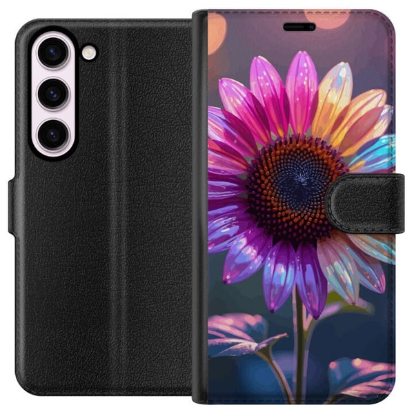 Kompatibel Tegnebogsetui til Samsung Galaxy S23 Skinnende iriserende blomst i rosa, lilla og guld mod blød bokeh og lysspil