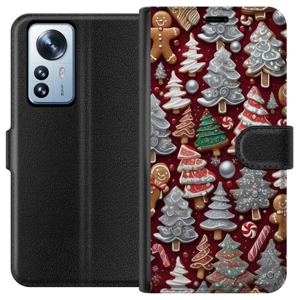 Yhteensopiva Lompakkokotelo Xiaomi 12 Pro Jouluaihe, jossa on piparkakkuja, kuusia ja talvista tunnelmaa