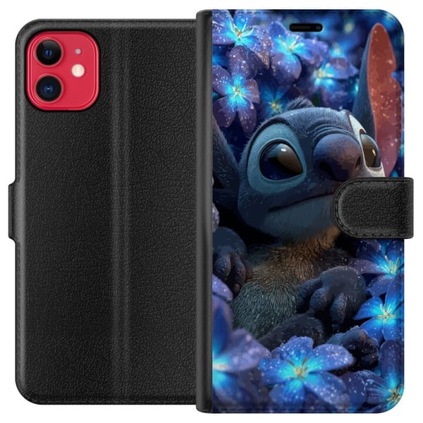 Kompatibelt Plånboksfodral till Apple iPhone 11 Stitch Among Blue Blossoms Drömlik blå design med Stitch bland blommor i nattljus och mjuk känsla