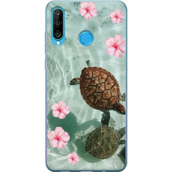Kompatibelt Mobilskal till Huawei P30 lite Sköldpaddor och hibiskus tropisk design med blommor och vatten lugn semesterkänsla inspirerad av hav och p