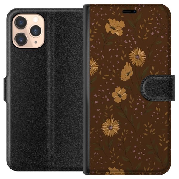 Kompatibel Tegnebogsetui til Apple iPhone 11 Pro Retro blomstermønster brun baggrund blomster vintage 70’er-stil boheme tapetdesign tryk