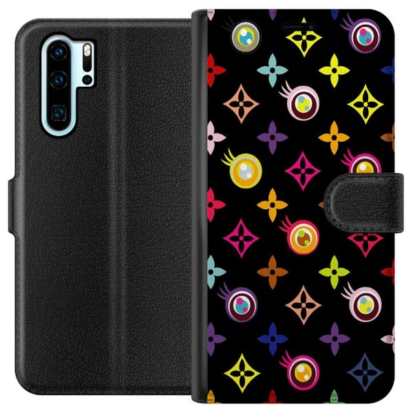 Yhteensopiva Lompakkokotelo Huawei P30 Pro Värikäs kuvio, jossa on geometrisia symboleja ja silmiä mustalla taustalla, pop art -design