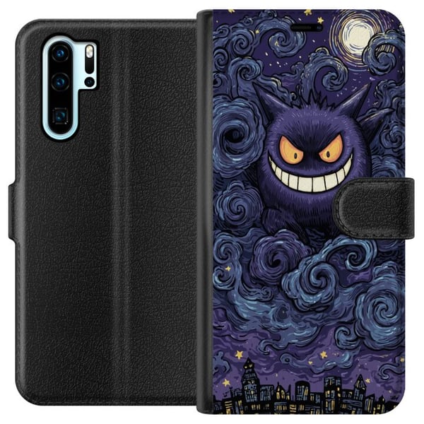 Yhteensopiva Lompakkokotelo Huawei P30 Pro Pokémon Gengar -kuvitus – Tumma aihe, jossa on tähtitaivas ja kaupunkitaidetta